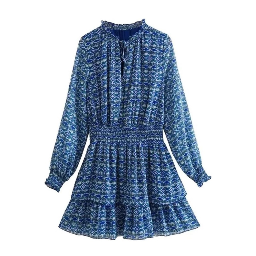 *DEAL* ~ Blue Green Kaleidoscope Synched Waist Patterned Long Sleeve Dress